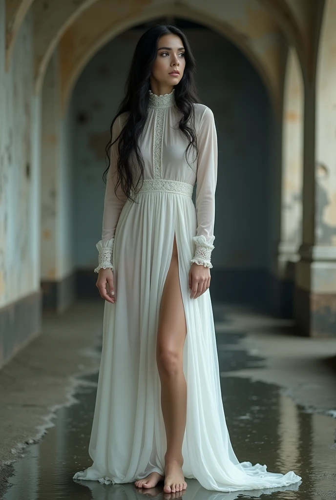 The image is a portrait of a young woman standing in a puddle of water. She is wearing a white long-sleeved dress with a high slit on the side, revealing her legs. The dress is made of a sheer fabric and has a high neckline. The woman has long dark hair and is looking off to the side with a serious expression on her face. The background is blurred, but it appears to be an old, dilapidated building with arches and pillars. The overall mood of the image is somber and contemplative.