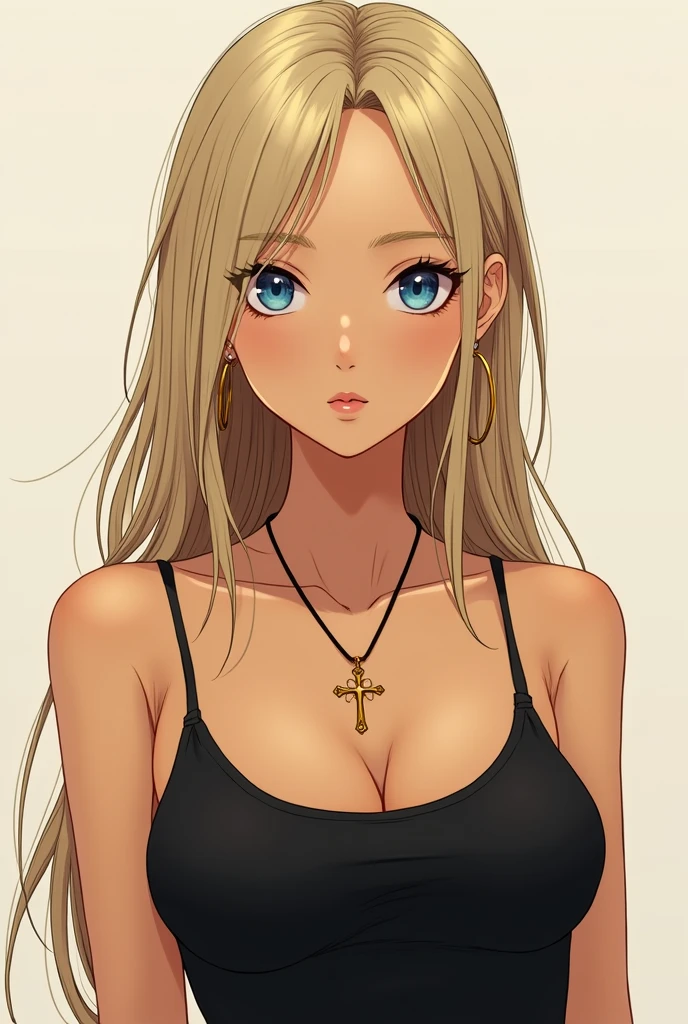 Manga girl character long straight blonde hair blue eyes with eyeliner quite tanned gold Christian cross around the neck thin gold hoop earrings black tank top with thin straps