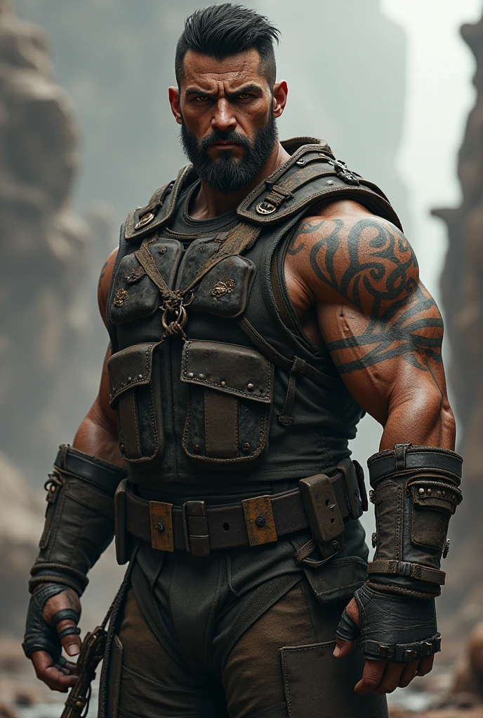 A tall man, bonitas, with sculpted muscles, deep scars, black hair, kept short,, and his stubble adds a hardened look, eyes browns,He wears tactical armor, but simple, preferring agility and functionality over appearance.