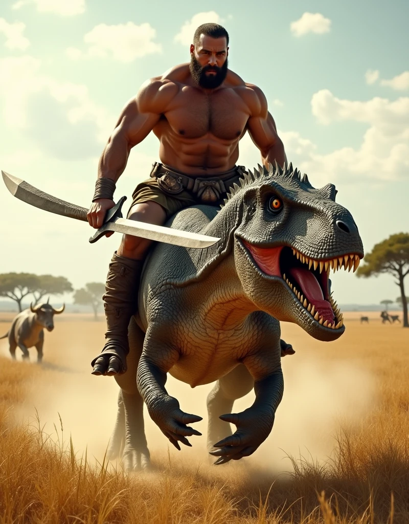 A shirtless barbarian warrior rides a dinosaur across the savannah.