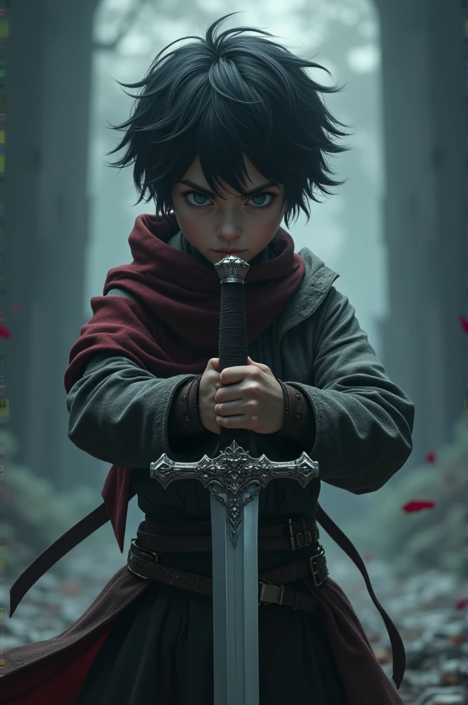 A black hair boy with a sword