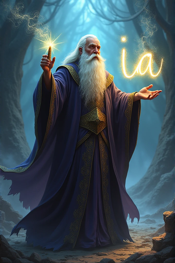 a wizard writes with a magic wand write "IA"