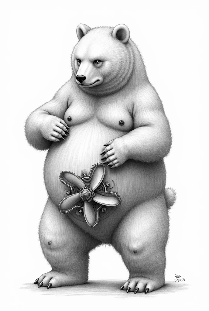 The bear twists the impeller that hangs from his penis with his paws. Pencil drawing