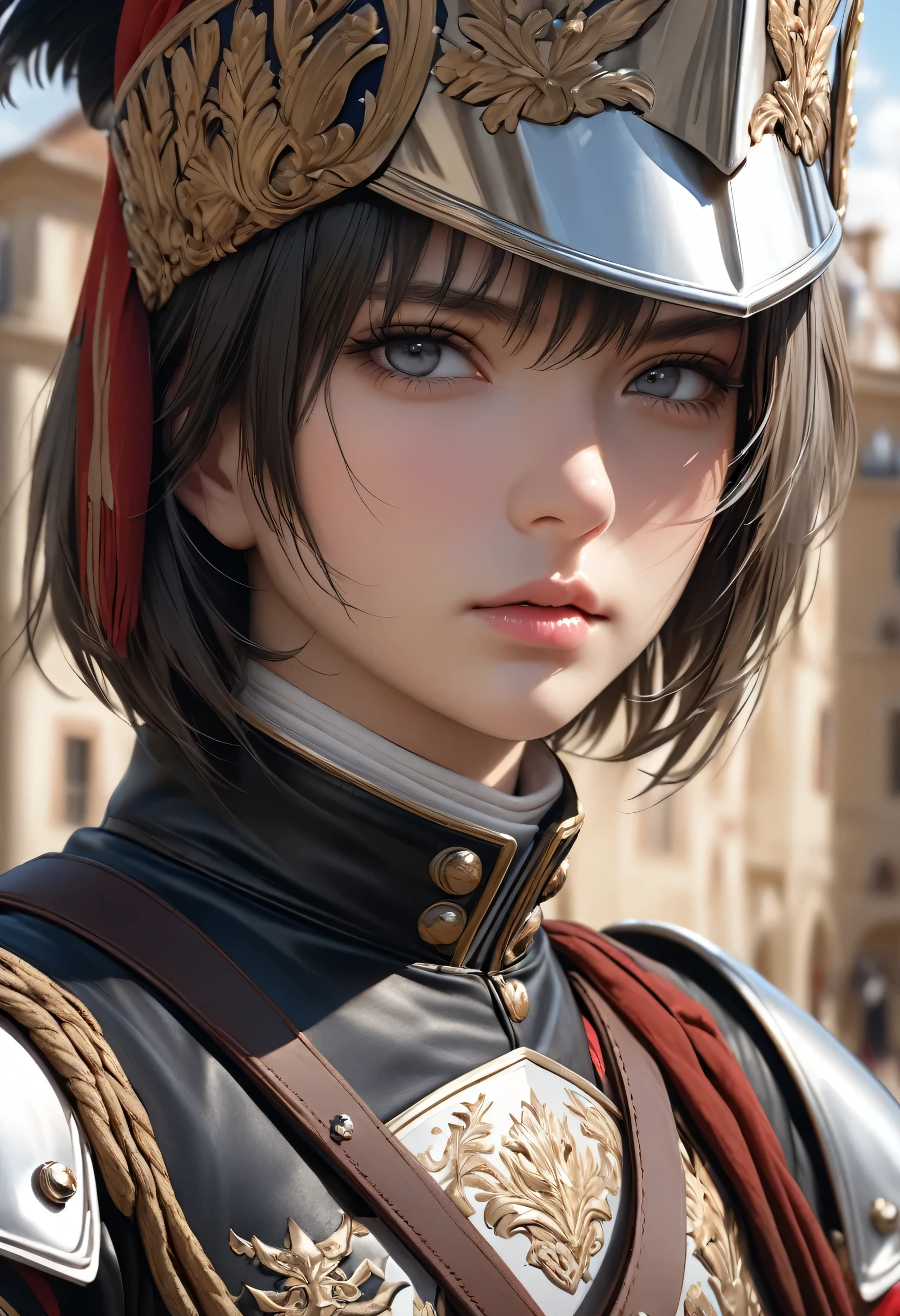 Cuirassiers, best quality, 4k, 8k, highres, (masterpiece:1.2), ultra-detailed, (photo realistic,:1.37), looking at viewer, (face close up:0.7),--no watch,
