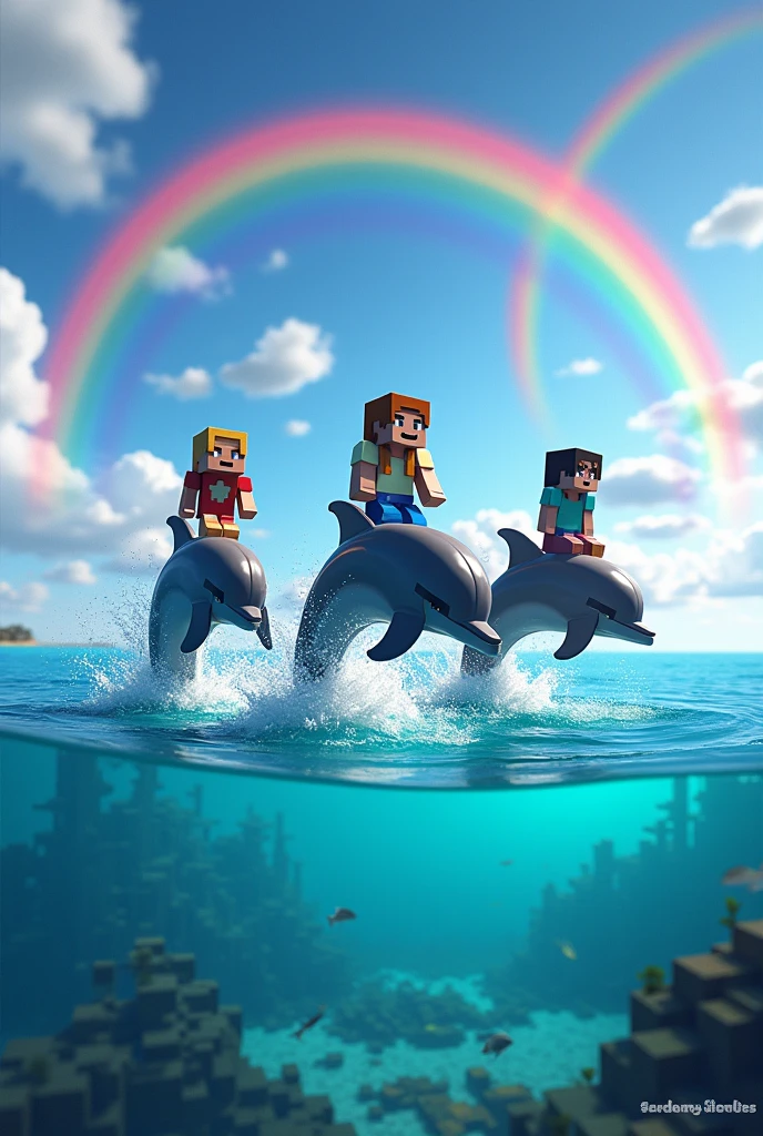 Create a Minecraft image in a sea with jumping dolphins and several rainbows and have Minecraft characters mounted on top of those dolphins.