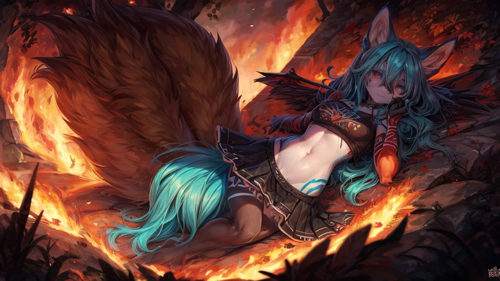 Aqua vixen,fox face elongated snout add high definition_detail:1, blue fur,kitsune ears, tribal tattoo add_detail:1, in hell add_detail, barefoot, The same, giant black feather wings add_detail:1 ,Beautiful wings, blue saturation light, ( black navel top, black navel mini skirt)), crazy face, suicide sign, sad face, crying, brain explotion, head explotion, deep crying, face of pain and suffering, Blood gushes from the head explosion, he is committing suicide, long hair, cae muerta por un disparo en la cabeza. Lagrimas de sangre, vanished like avengers infinity war