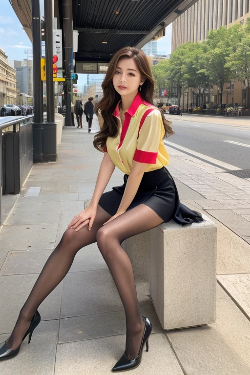 (Colorful collared shirts)、(Midi Skirt:1.2) 、Full Body Portrait、(silk pantyhose)、Sitting、Both legs and high heels look beautiful.、1 girl、Perfect body,Two well-balanced legs、 Perfect hands, (Perfect Face, Perfect Eyes), Accurate,(Perfect Anatomy, Anatomically correct), Perfectly clear and sharp focus、Large Breasts、Modern architecture in the background、((Highest quality、Ultra-high resolution、masterpiece)) 
