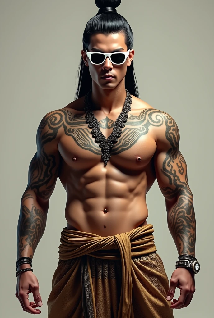 One Male characters, long hair, black hair tied up, white shades, Traditional Thai costumes pants, tattoos on the right and left arms, snake tattoos on the neck