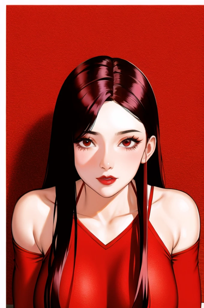 1 girl, Alone,red theme,looking at the viewer,big breasts,portrait,on one side,bad girl,((mature woman))