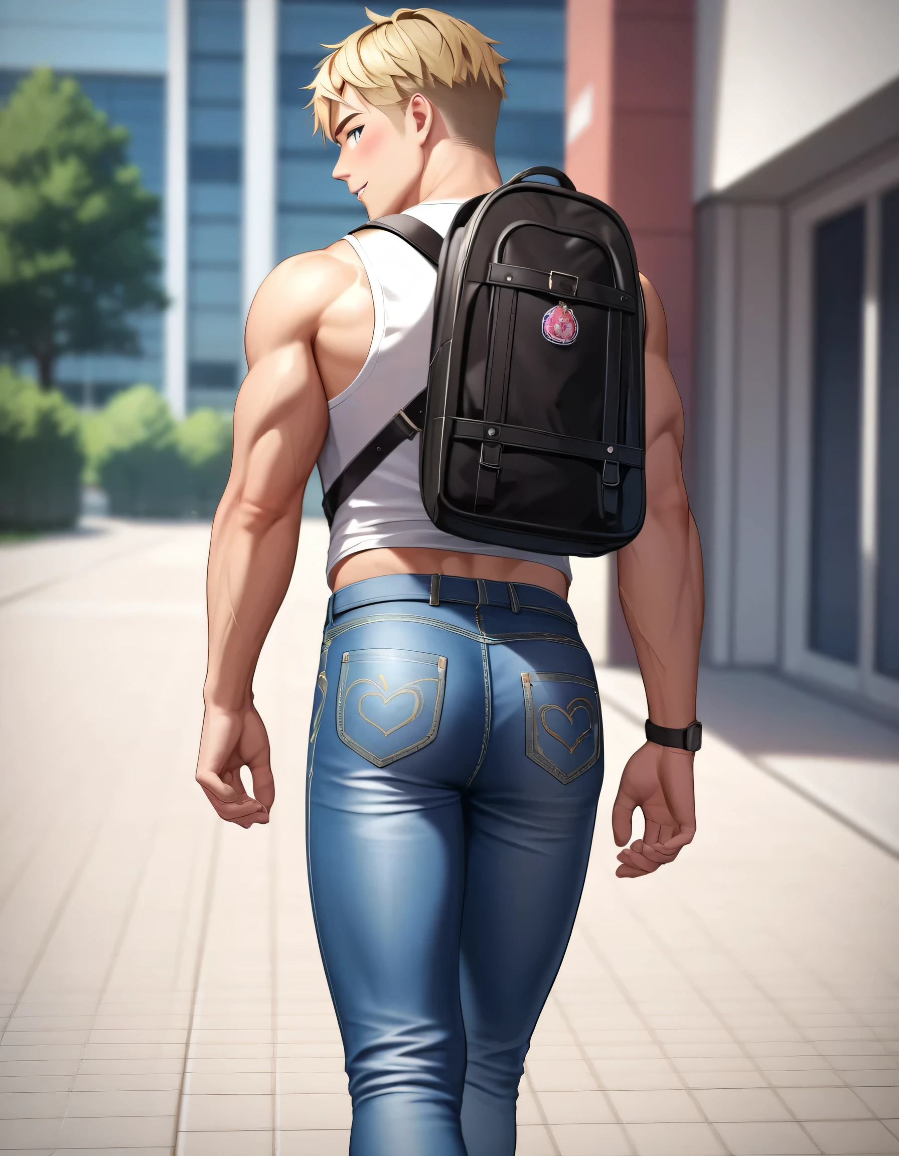 (1boy, semi realistic, masterpiece:1.2, anime style, best quality, 4k), a handsome and muscular college aged boy walking into a school wearing a sleeveless crop top with low rise slim fit jeans and a small backpack, backside facing and looking back over shoulder, top of his butt is exposed from jeans with jockstrap band showing, (((male))), backdrop is entrance to school building
