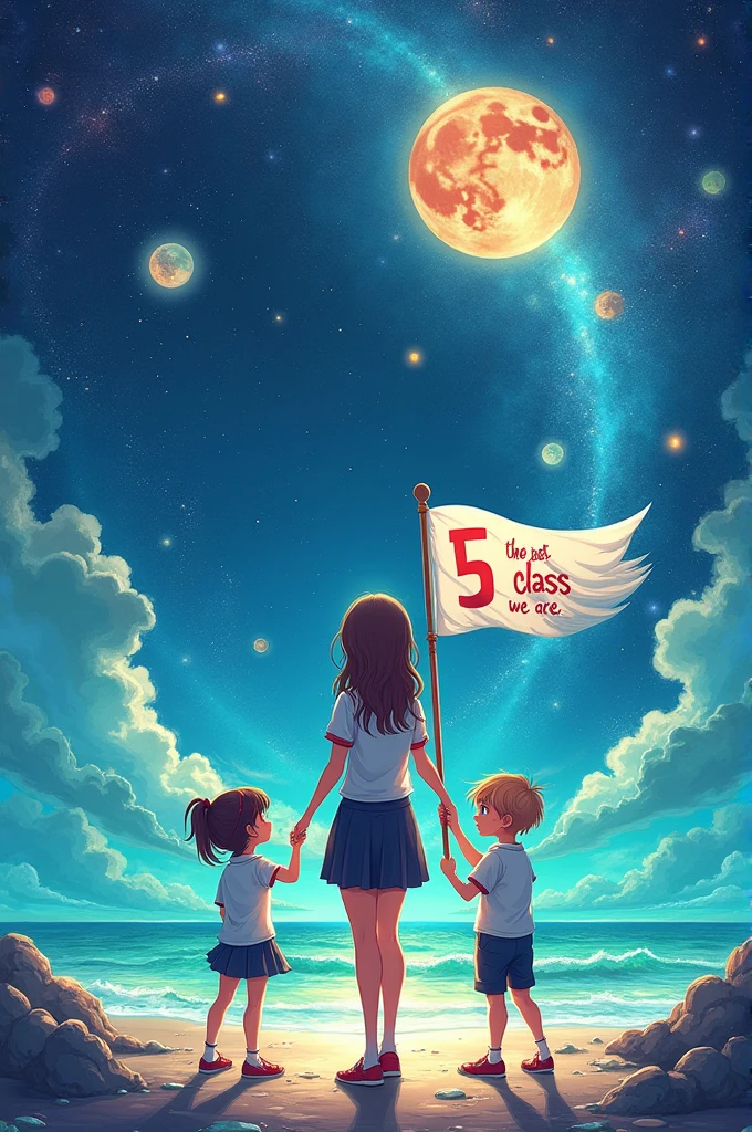 Create a full back shirt design with an outer space feel, the sea and two small children of Peria and a woman who wears a basic school uniform in Indonesia who holds a flag with writing on the flag the best class we are 5 F