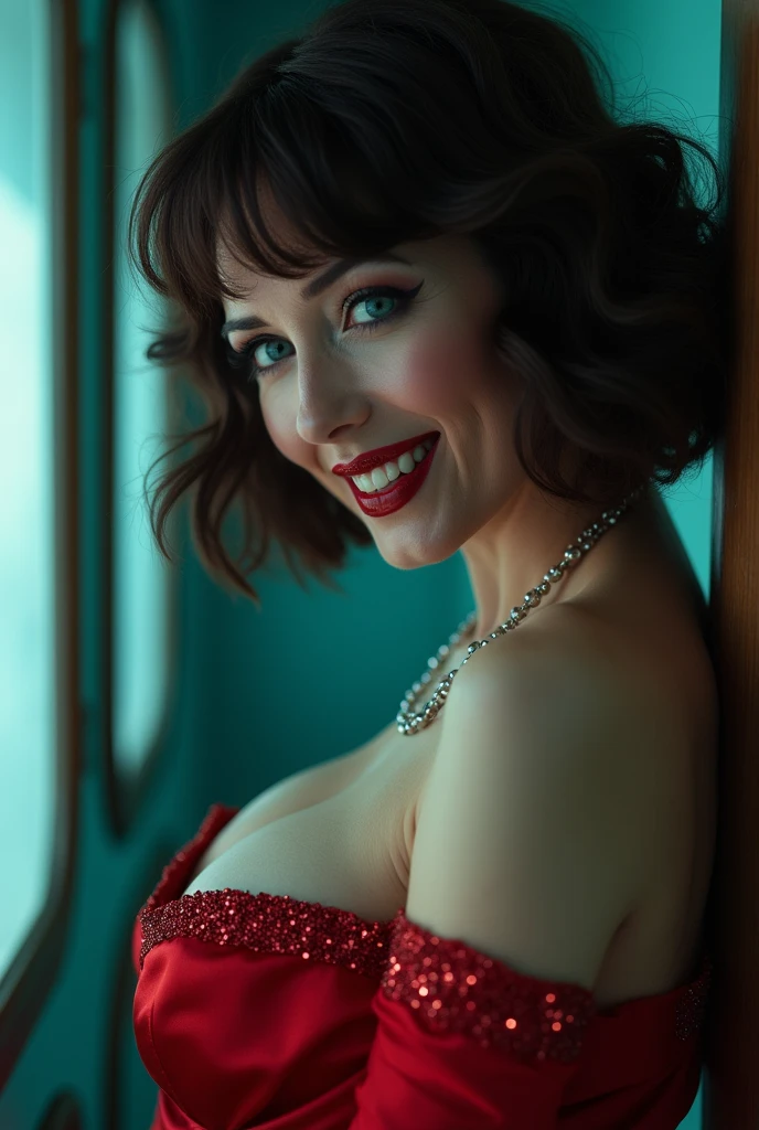 A close-up of a sensual, evil-smiling seduction scene in A Bewitching: A glamorous female singer with overwhelming beauty and heavy makeup, wearing her stage costume of a crimsonred satin off-shoulder dress with glitter, suddenly appears from the shadows of an unoccupied, eerily bright ship's corridor and seductively beckons a lost man. The man succumbs to his carnal desires and gives in to the temptation, losing himself in the pursuit of the woman's voluptuous buttocks as he is led along. The woman, who entered the elevator first, urges him to enter, saying that they will do something naughty inside, when the elevator is broken, and in fact the entire bottom panel has fallen out, revealing an abyss inside the shaft. She is a lost evil spirit who lures the living to death. Demonic, evil and lascivious grin showing teeth and oral, head tilted back, seductive gaze, looking at the viewer, front, pov, focus on woman, bust shot, bright and strong overall lighting, brunette with short permed hair, reflective blue eyes, shining red lips that look wet, aesthetic, glamorous, soft and curvy, bodycon, pale skin, neck, collarbone, shoulders, full upper chest, deep cleavage, saggy huge breasts, golden fur collar, Pearl white silk long gloves, seductive pose using both hands
