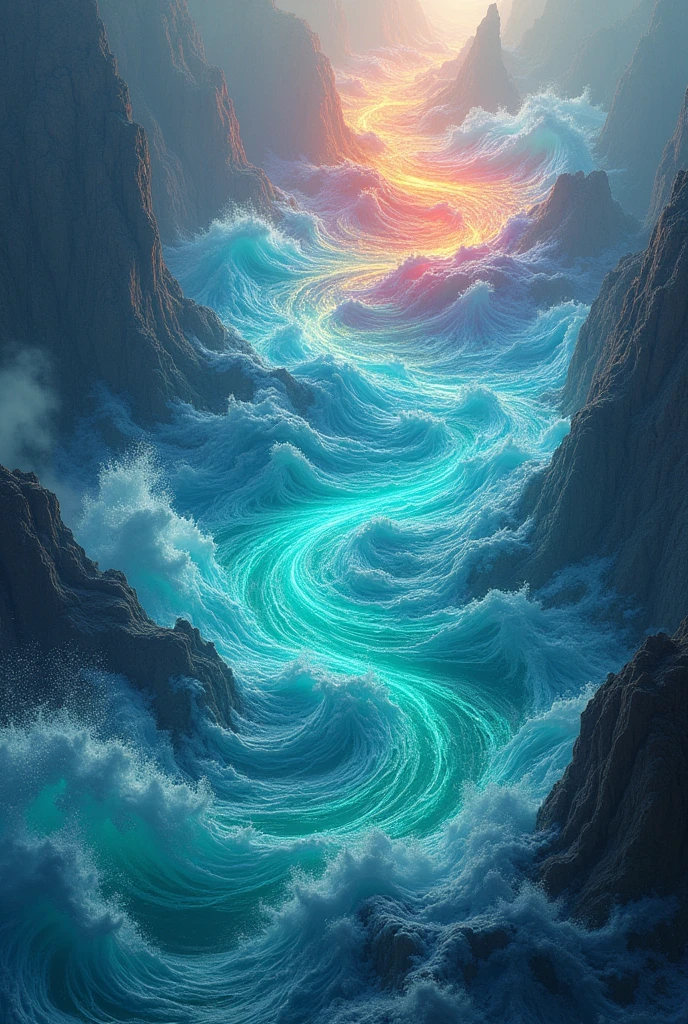 hyper realistic, fantasy, magic, a sea of liquid and gaseous mana, energy emanates, view from above, no landscape, no characters, blank