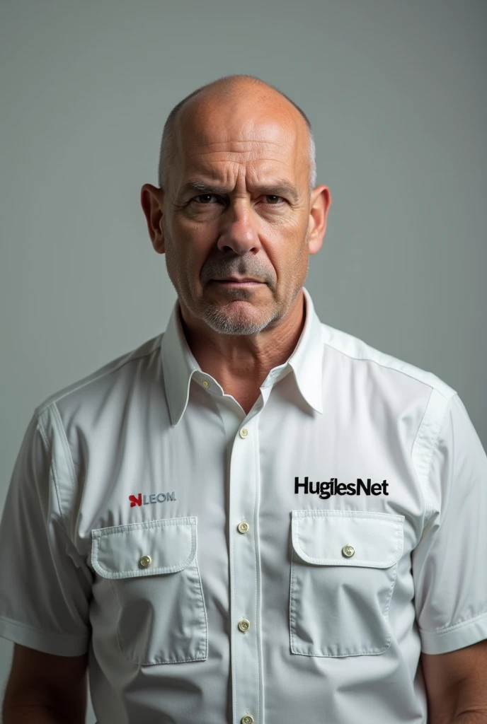 Bald man with shirt saying hughesnet
