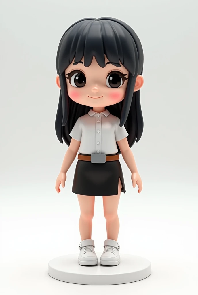 super cute girl IP by pop mart, Bright eyes, cherub, white short-sleeve button shirt, black tight short slit mini skirt, brown belt, grey plain plate belt buckle, white sneakers, Models, a blind box toy, Glossy and delicate,Clean background, Good gloss, 3D rendering of,Best quality, full body, made from ceramic, black long straight hair, 3d glossy plastic material, shiny, refection, ray trace, stand on white circle base, white skin