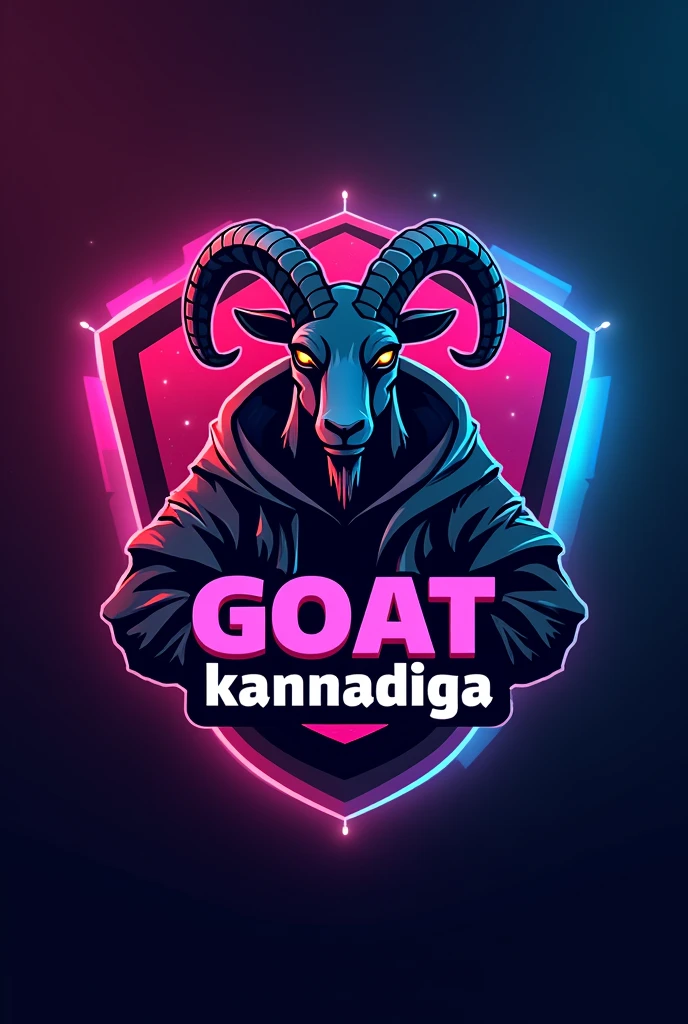 This is a gaming logo that features the name "GOAT KANNADIGA" in a futuristic font and a mixed color. and Goat avtar, The logo also has a stylized emblem icon and the name should inside the emblem. The logo is designed to be attractive and eye-catching, and to appeal to gaming enthusiasts and YouTube viewers.