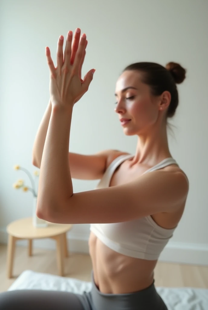 A full-body image of a  brunette woman with freckles, appearing calm and focused. She is dressed in yoga pants and a tank top, performing a yoga pose on a mat. She is in a serene studio with large windows, with soft natural light filtering in.