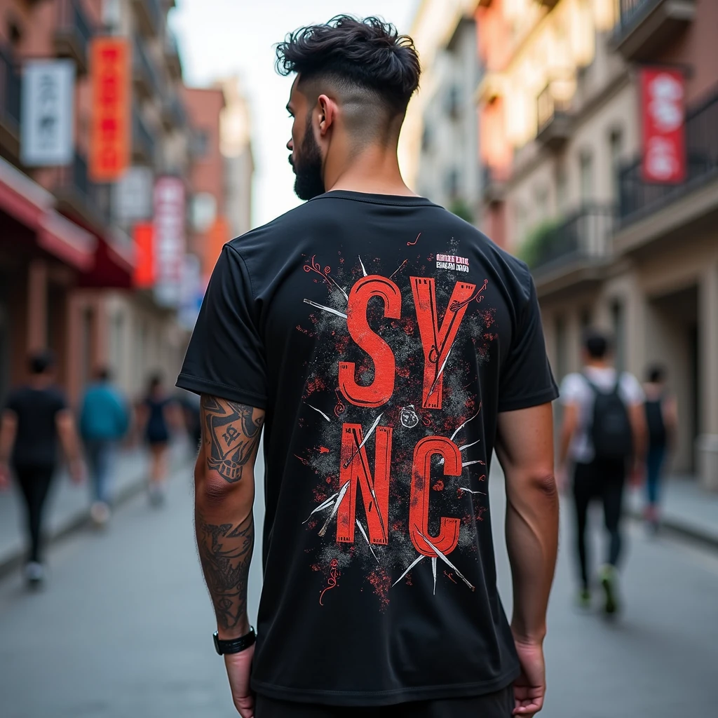 create me t-shirt ideas for the streetwear clothing brand "SYNC" the t-shirt should be styled with patterns on the back