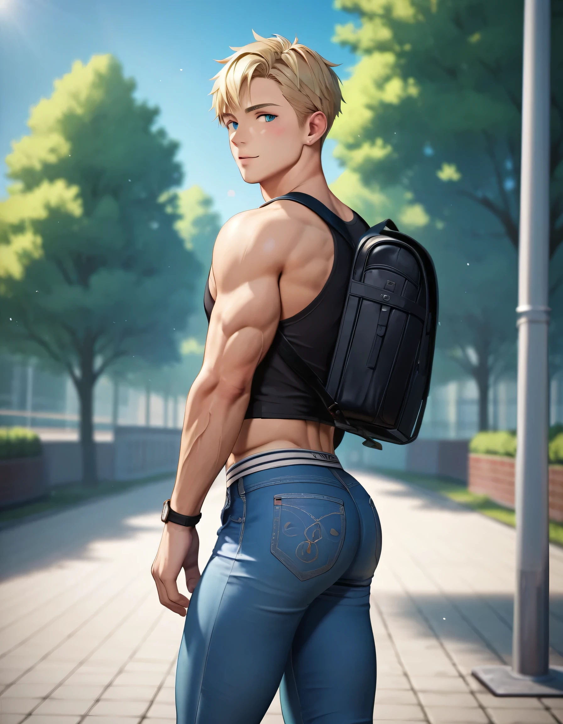(1boy, semi realistic, masterpiece:1.2, anime style, best quality, 4k), a handsome and muscular college aged boy walking into a school wearing a sleeveless crop top with low rise slim fit jeans and a small backpack, backside facing and looking back over shoulder, top of his butt is exposed from jeans with jockstrap band showing, butt crack showing, (((male))), blonde hair, slim athletic body build, backdrop is entrance to school building