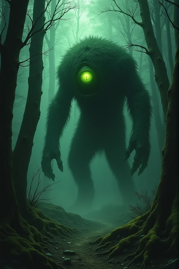 ((best quality)), ((masterpiece)), (detailed), he felt the presence of something massive and unseen, as if the forest itself was alive. (creepy) (monster green eye) (very scare)