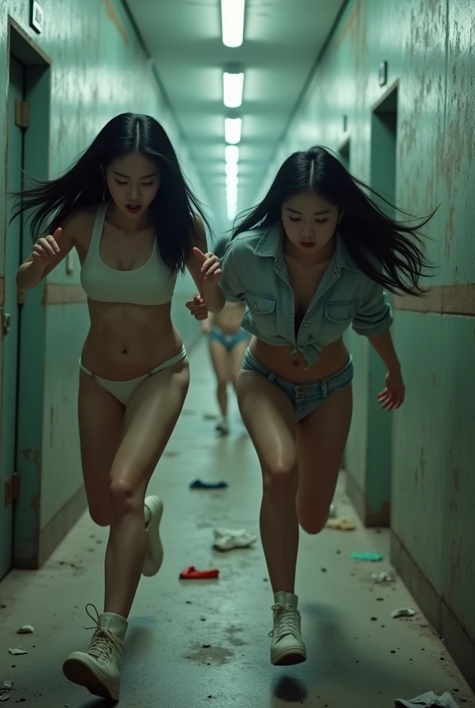 (A shabby prison corridor).Two terrified women run away as four elderly men in underwear chase them from behind..((Korean woman with black hair).Women with big breasts.Women with big breasts.A woman runs away with her panties covered with both hands.Korean actress female.Korean girl group women.Woman in her 20s.Hourglass body.woman in black panties.A woman wearing a tight, thin, ripped short-sleeved T-shirt.Skinny jeans are lying on the floor..white skin woman.Wearing white sneakers.Korean fitting model.slim woman.