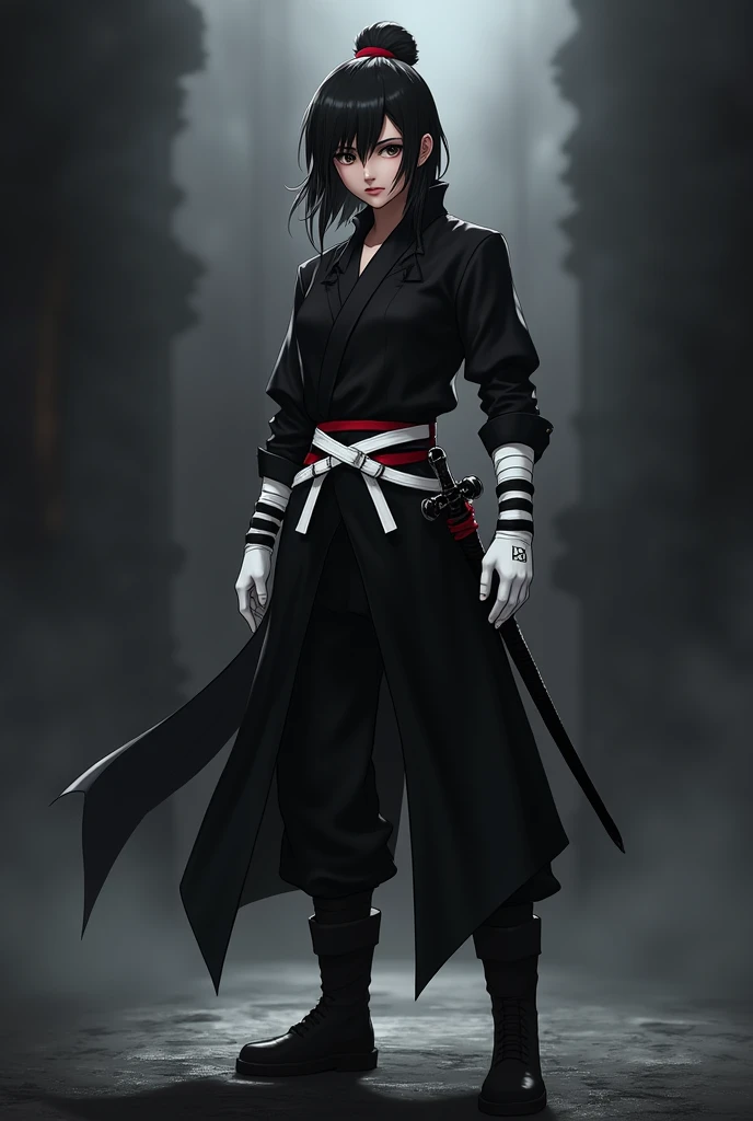 Anime warrior with white gloves black clothes and a white and red belt with black boots dark eyes