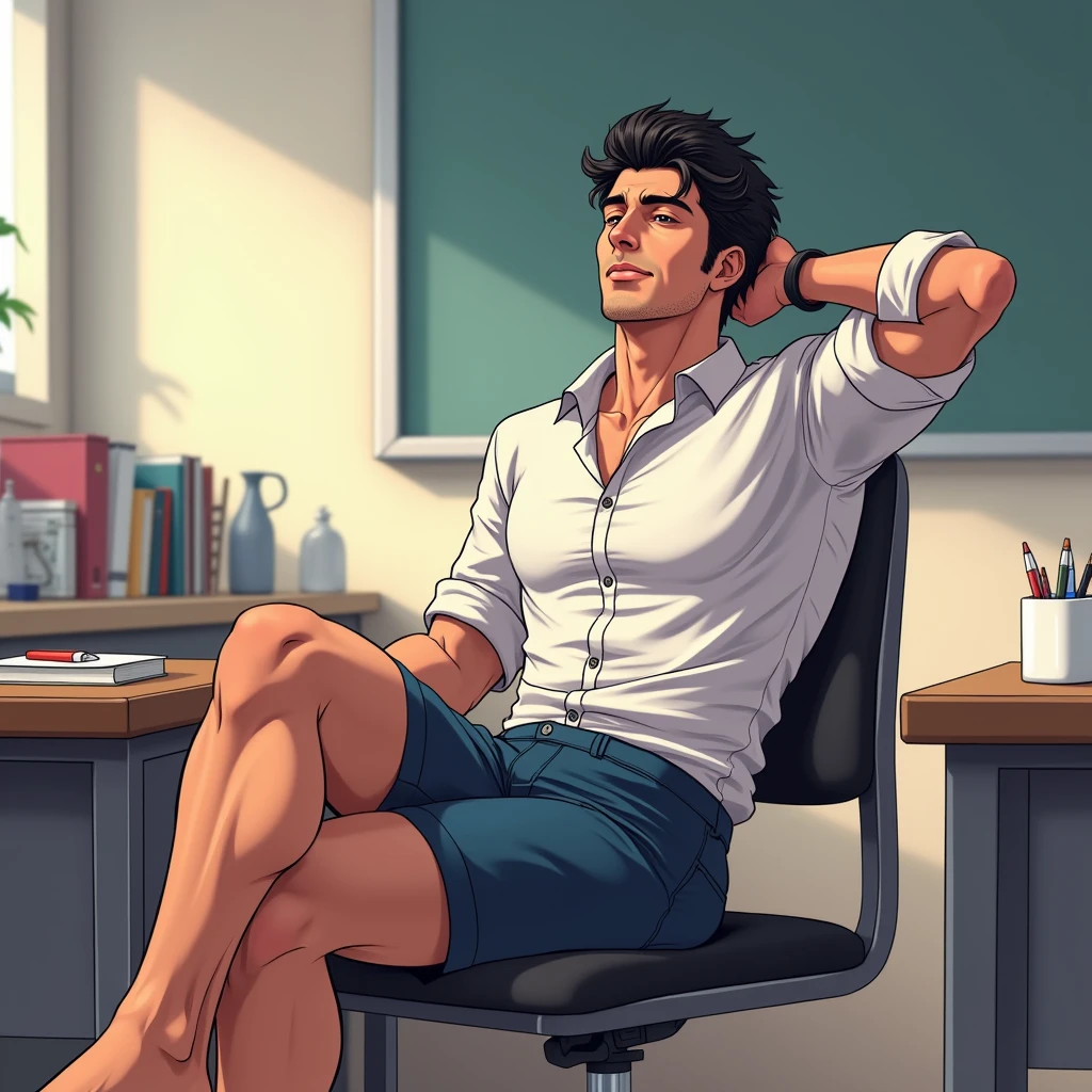 anime art, a 30 year old iranian attractive fit male teacher, wearing tight button up shirt and shorts, sat on the chair with feet up on the desk relaxing hand behind hear, sweaty armpit, inside class,