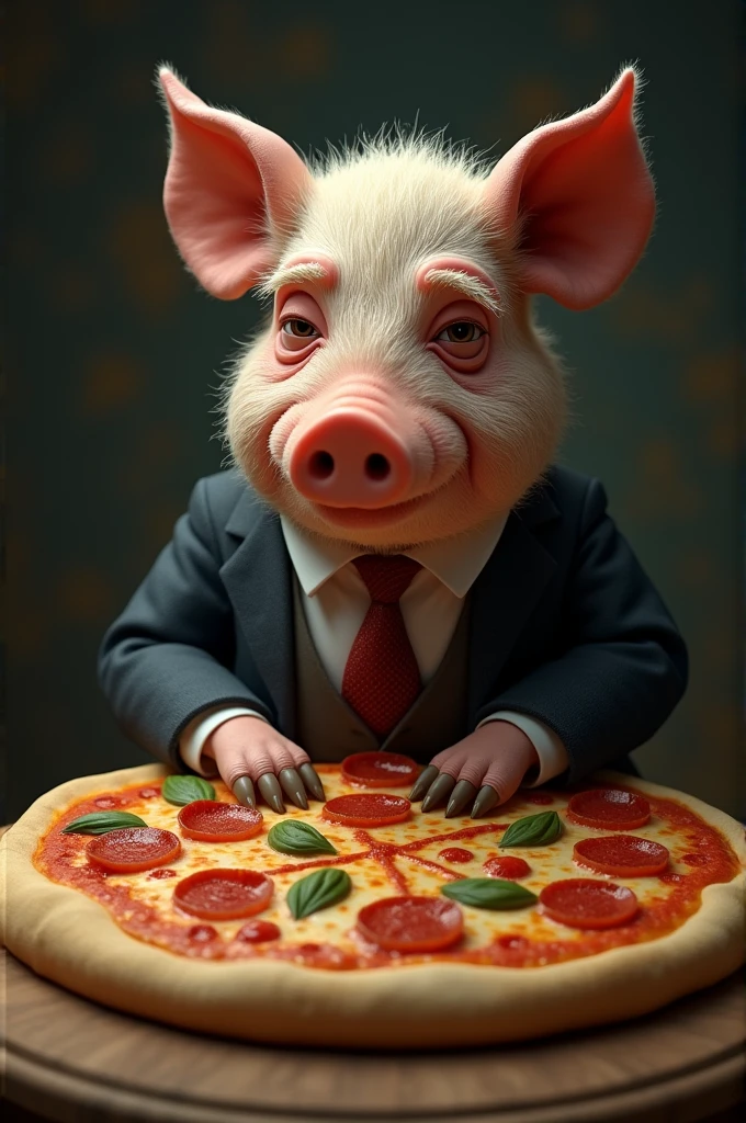 British man with a pig face crying on a pizza