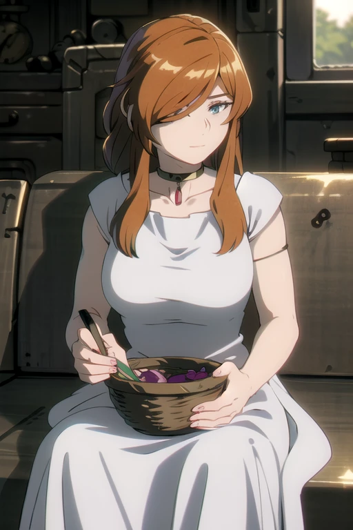 ((Bestquality))),((Ultra-detailed)),((illustration)),((Disheveledhair)),((frilld)),(1girl),(Solo),1girl, basket, black choker, bottle, breasts, brown hair, choker, collarbone, dress, food, ground vehicle, hair over one eye, hair over shoulder, long hair, military vehicle, nail polish, sitting, solo, white dress, wine bottle, aqua eyes