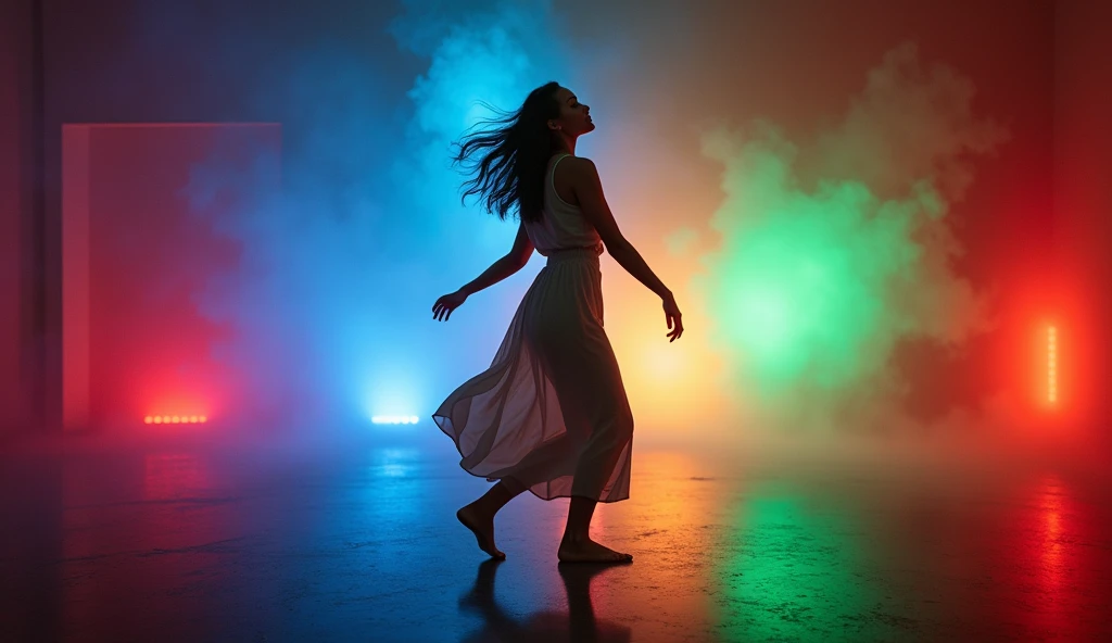 (masterpiece, best quality:1.2), (woman dancing alone in a dimly lit room:1.3), (fluid and expressive movements:1.3), (initially dark environment with subtle shadows:1.2), (vibrant colors emerging around her:1.3), (soft glows gradually growing brighter:1.3), (room filled with vivid hues:1.4), (red, blue, green, yellow colors radiating from her presence:1.4), (dynamic, colorful environment transformation:1.3), (camera closely following her movements:1.2), (contrast between dark beginning and vibrant transformation:1.3), (determined and confident expression:1.3), (8K, ultra-detailed, hyper-detailed, RAW photo quality, Unreal Engine rendering:1.3)
