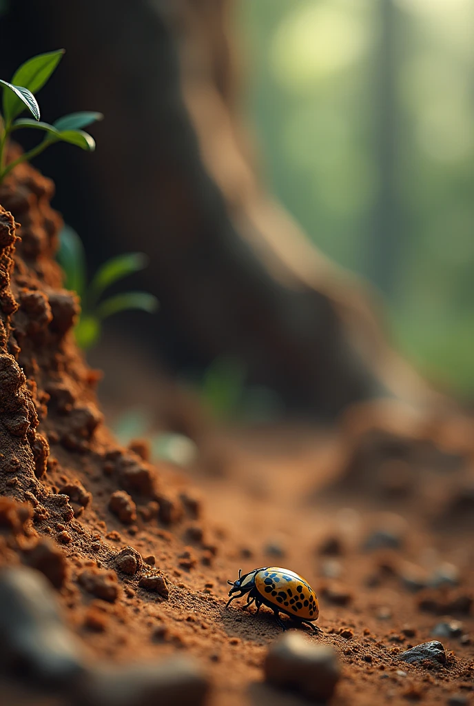 Create a wonderful image of earth where soil visible and a tiny insects seen in the image