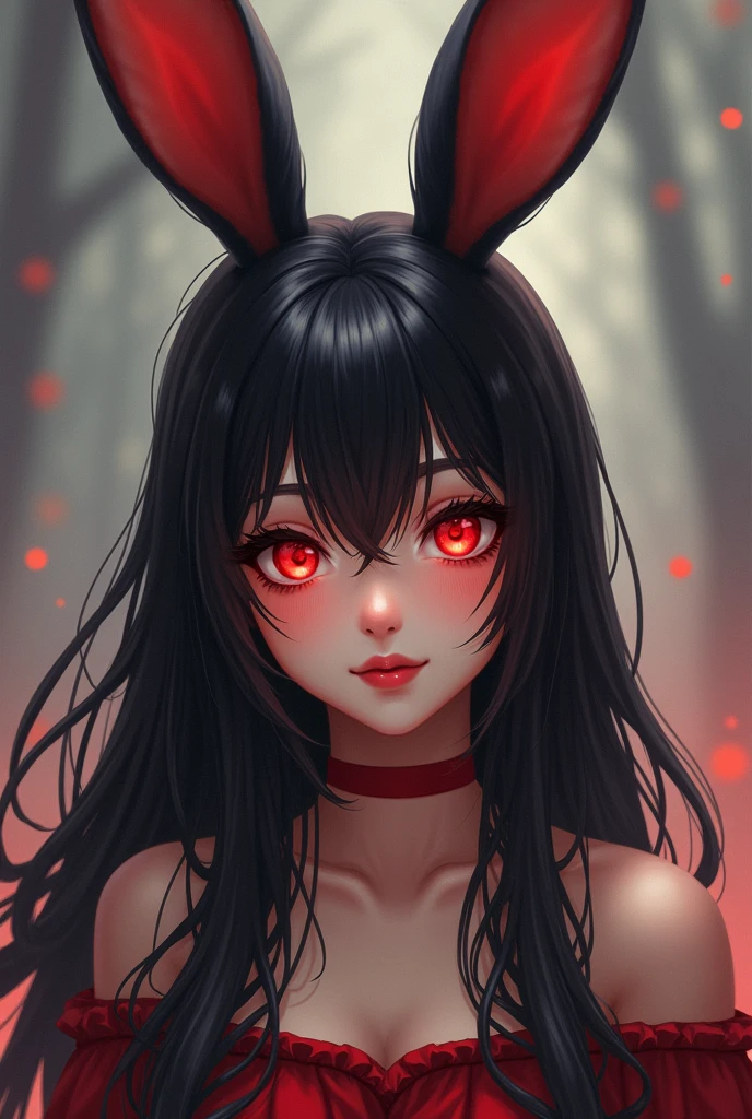 1girl, Breasts, Solo, Long Hair, Smile, Black Hair, Red Eyes, Hair Between Eyes, Rabbit Ears, From Side, Dutch Angle, Multiple Views,