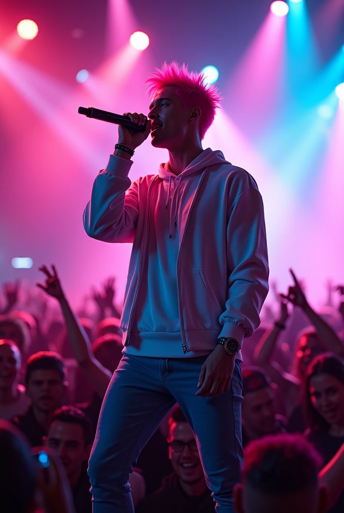 Man with pink hair singing in concert 
