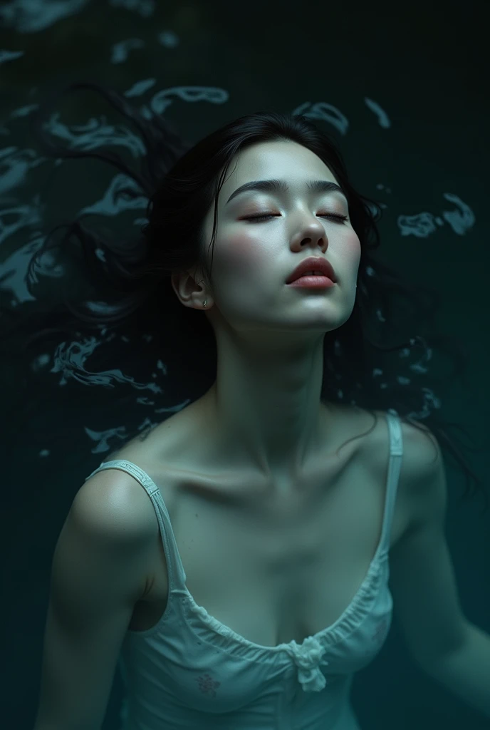 a woman in the water with her eyes closed, by irakli nadar, watermark:-1, cinematic. by leng jun, ultra realistic 8k octan photo, trapped in my conscious, artistic. alena aenami, dramatic portraiture of uuen