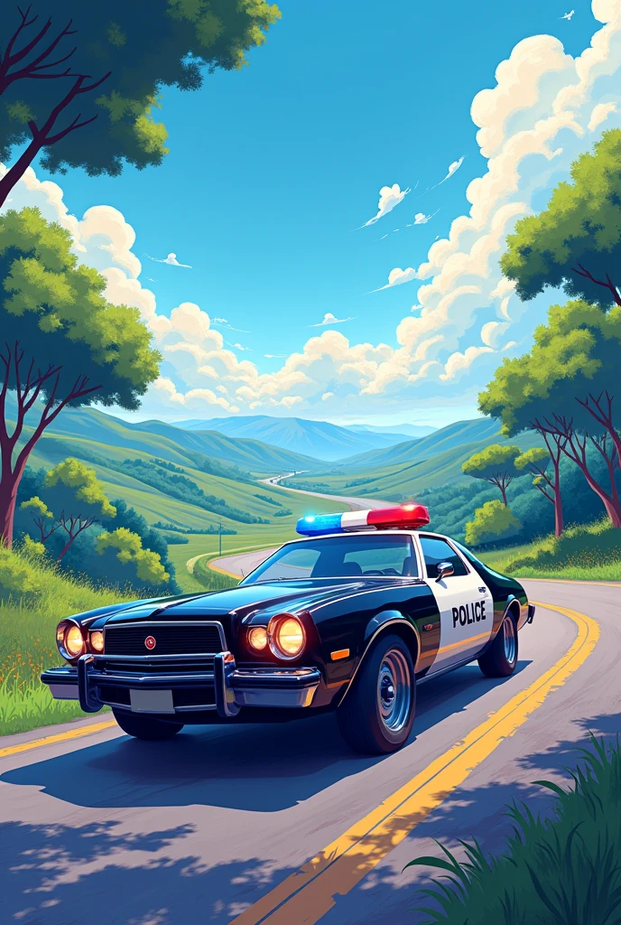 police car, side view of a road in anime style drawing