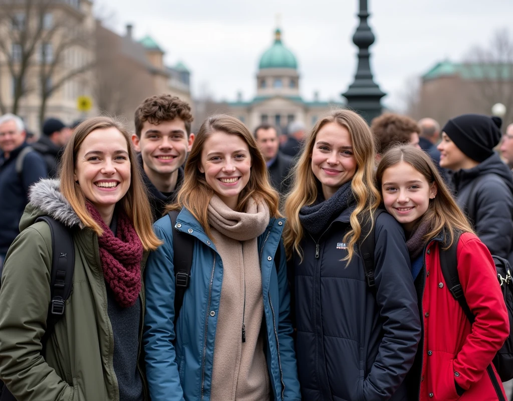 Souvenir photo of the school trip to Berlin, smiling teachers and students. (There are 23 students and two teachers:1.5).