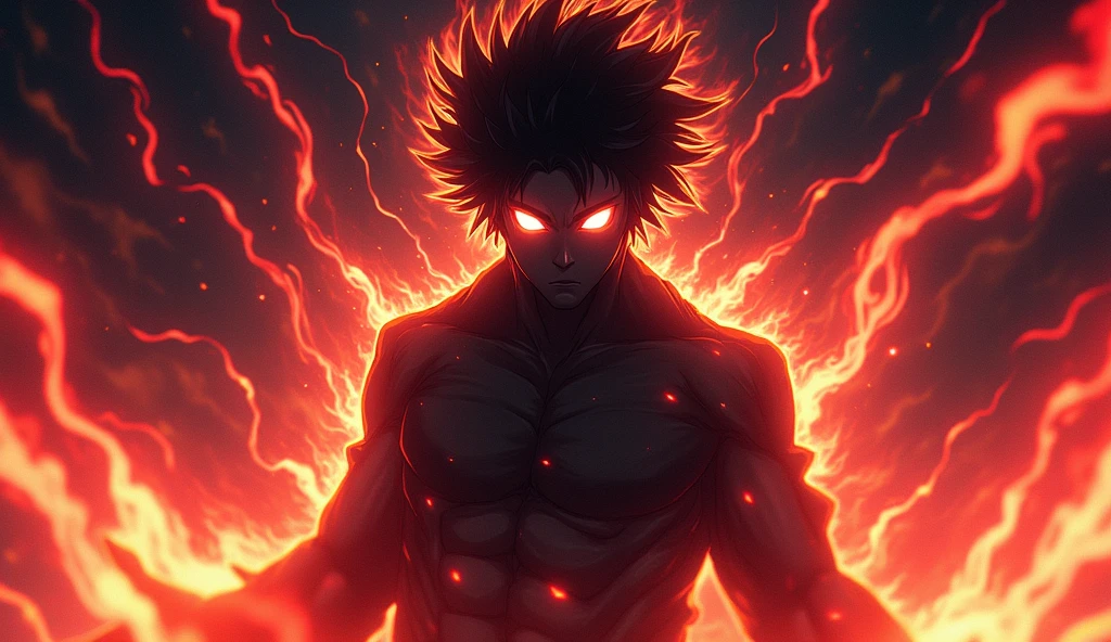 Anime.. An abstract, dark silhouette of a character with two bright, glowing eyes. The character is surrounded by intense, neon flames or energy that gives a sense of power and movement. The silhouette's hair is wild and spiky, as if made of fire. The background is filled with swirling, vibrant energy, creating a supernatural and otherworldly atmosphere. The overall look is mysterious, with a strong neon and black color contrast, emphasizing the glowing eyes and energy.