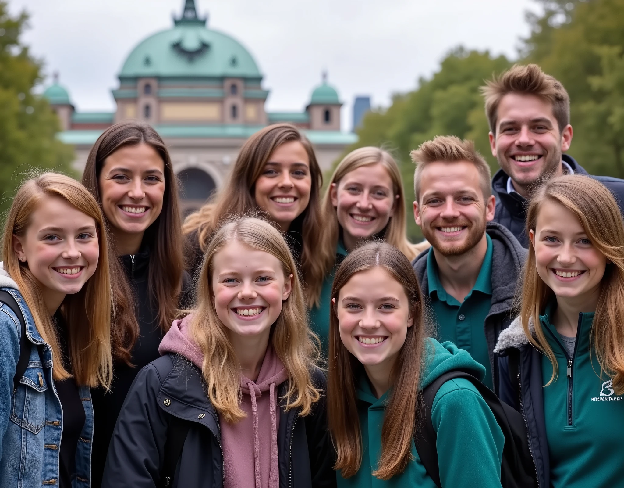 Souvenir photo of the school trip to Berlin, smiling teachers and students. A class of 23 students.