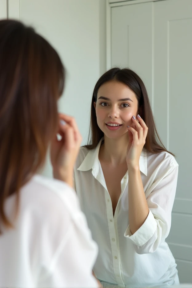 young woman, 2, dark brown hair, normal chest, skinny face, white wall, no decoration, in long white shirt, in the bathroom, putting on makeup, looking in a mirror
