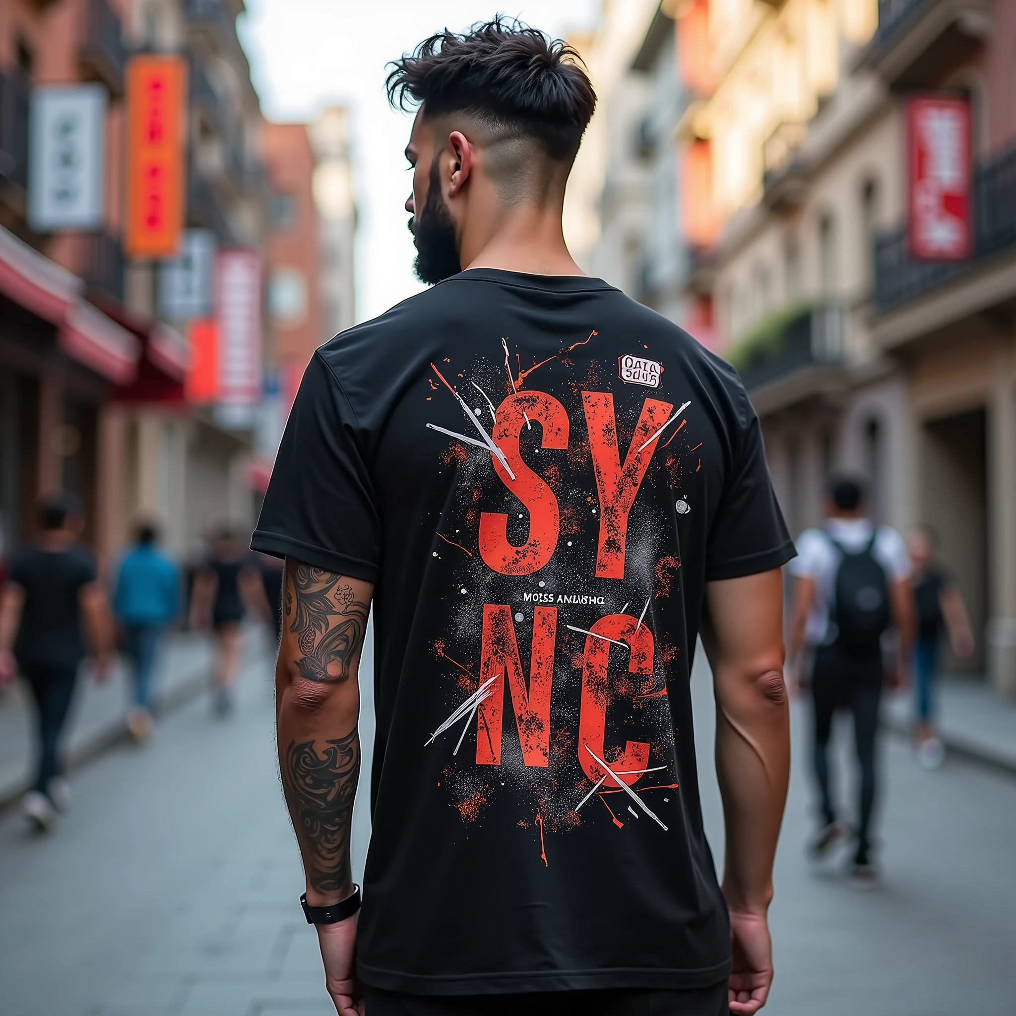 create me t-shirt ideas for the streetwear clothing brand "SYNC" the t-shirt should be styled with patterns on the back