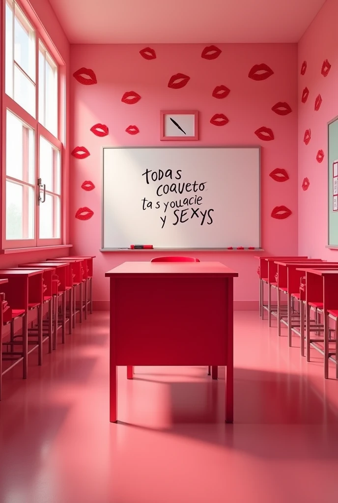 (photorealism:1.2), A big empty pink school classroom with pink school desks and a big red teacher desk on the corner, there are the words "El arte de mimar a nuestro sultán Alberto" handwritten on the whiteboard on the back wall, and a sign with the words "Todas Coquetas y Sexys" on top of the whiteboard and many big red 💋 kiss stickers on the wall, on the left wall there's a classic school classroom open door, realistic, intricate details