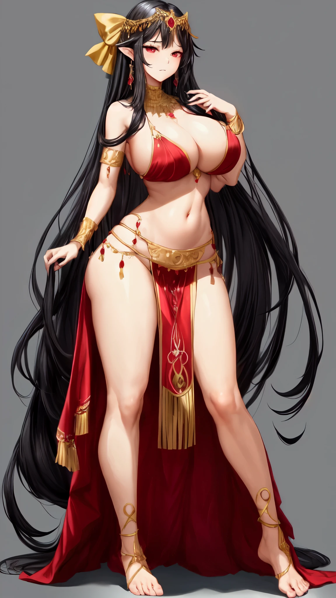 Black Hair、Beauty、Belly dance、Big Breasts、Bow-legged、Sweaty、Beautiful feet、、Leg length、Waistline、Side show、Gaze, High resolution, Long Hair, chest, Red eyes, Simple Background, とてもLong Hair, Drooling,I Cup