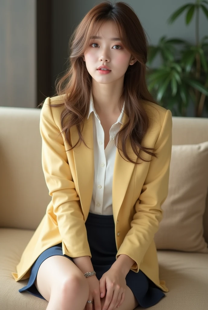 Best quality at best, realistically, ultra - detailed, Detailed pubic hair, A high resolution, 8K wallpaper, 1 Beautiful korean young woman, 20 years old, pink moist lips, light brown messy long hair, Wear a light yellow office suit with ((dark blue short skirt)), white shirt inside the suit, Perfect dynamic composition, beautiful eyes, Delicate hair, Detailed realistically skin texture, Smiling, closeup portrait, sexy body, background the Hotel reseption, blurred background, (full body shot:1.3), Shooting from a long distance from below, (Random body direction), sitting legs crossed, 1 leg on other leg, front view, on white office, on comfortable beige sofa, showing off her sexy legs, (from below), sexy body language