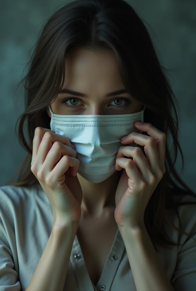 A woman taking off a mask ]