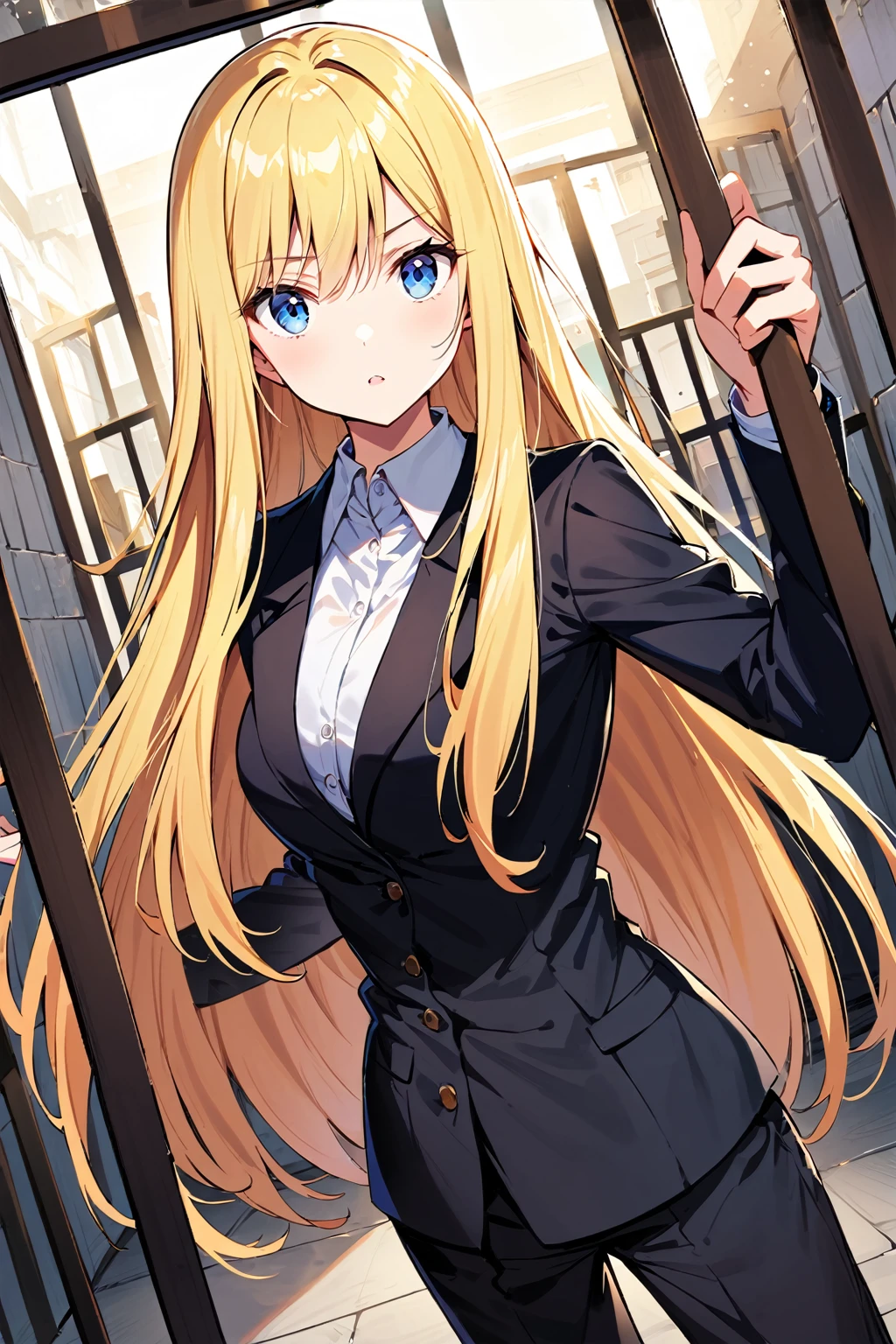 A young woman stands in front of a prison, bright blonde long hair,  standing in the prison office, dark blue eyes, prison background,wearing black suits,((dynamic angle)),((dynamic pose)),