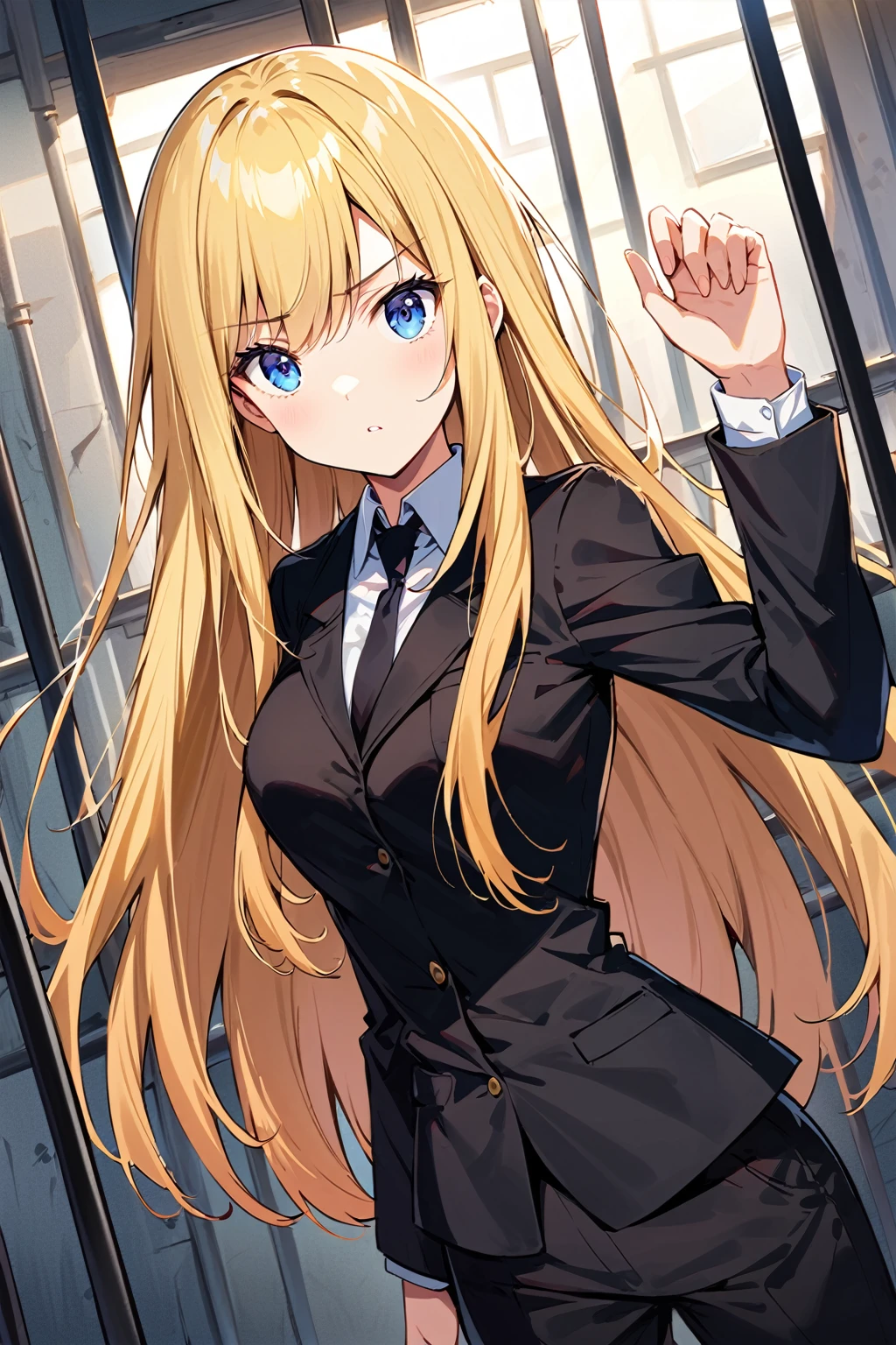 A young woman stands in front of a prison, bright blonde long hair, standing in the prison office, dark blue eyes, prison background,wearing black suits,((dynamic angle)),((dynamic pose)),