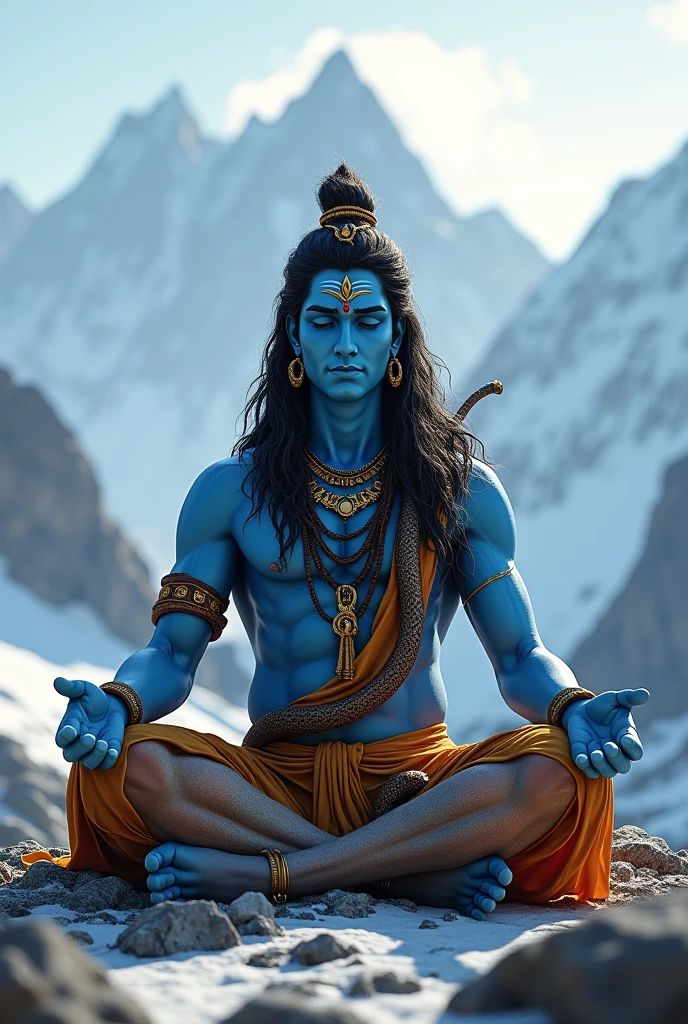 Most powerful divine personality shiva wearing tiger skin dress in bottom sneke in hin neck sitting in meditation state broad muscles neck colour is blue long tangled hair with half moon on his head in background large mountain and snow is every where