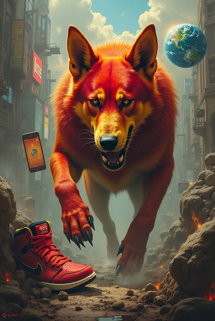 A dog is red and yellow colour is looking danger our life and he caught the i phone  second hand he caught the earth and wear the Jordan shoes and google 