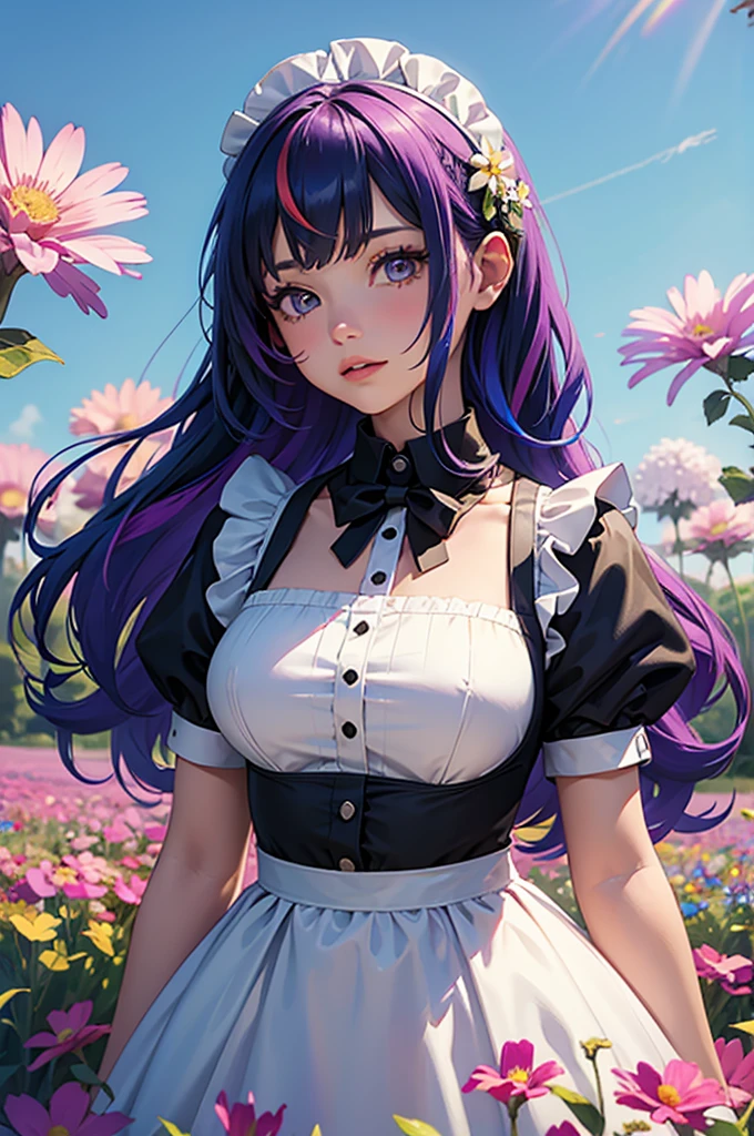 A girl with rainbow hair is wearing a maid outfit and standing in a flower field with lots of large flowers. Upper body