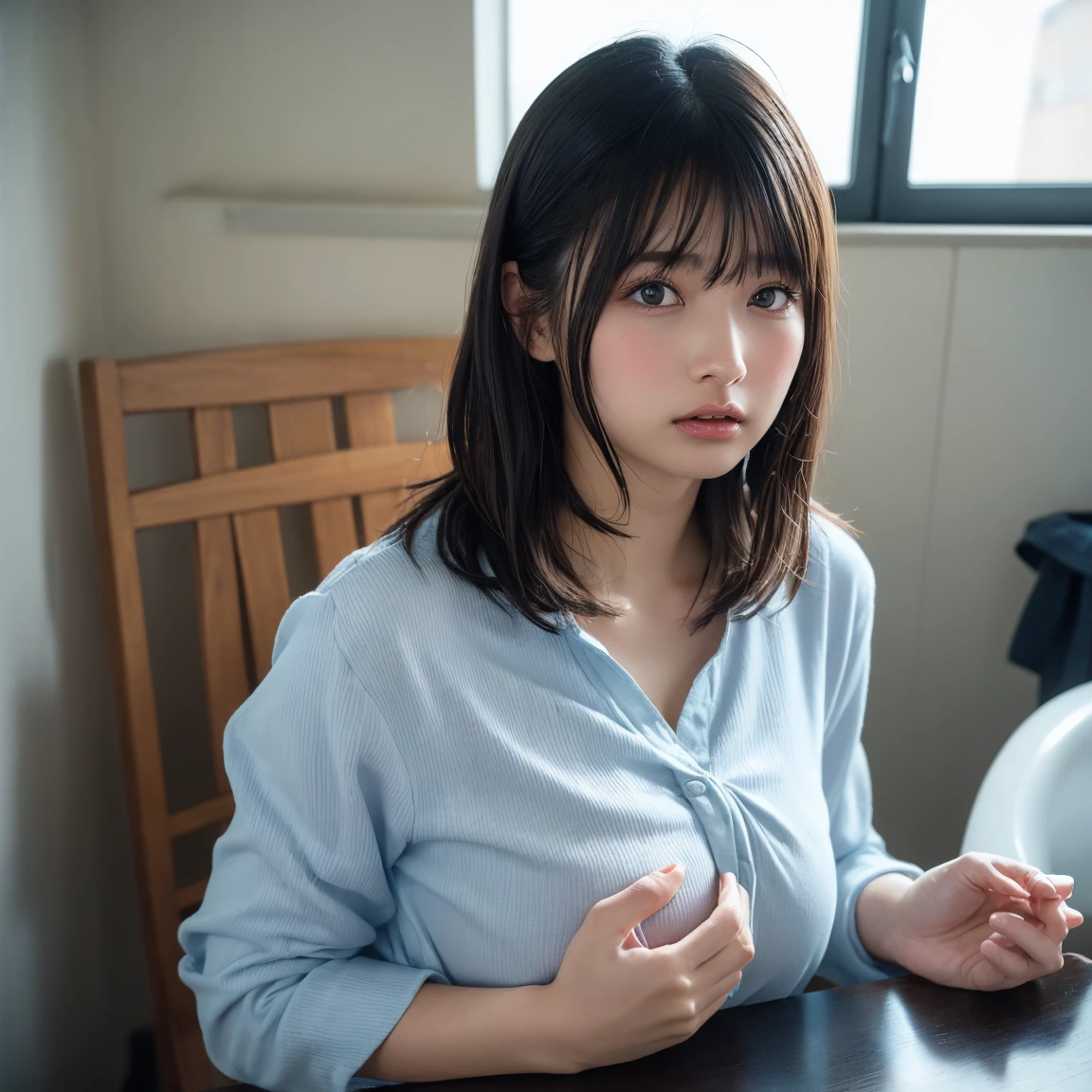 ((Upper Body:1.3)).Blown by the long wind [Blue-black:.3] hair,Looking at the audience, (Tabletop:1.3), (8k, Realistic, RAW Photos, Highest quality: 1.4), Japanese, (1 person), Beautiful Face, (Realistic face),{Wavy medium hair|Front hair long bob|short hair with long bangs}{Black hair|Brown hair|Blonde hair}, Beautiful hairstyle, Realistic eyes, Beautiful and beautiful eyes, (Realistic skin), Beautiful Skin, charm, Ultra-high resolution, Surreal, Very detailed, Golden Ratio,Female student peeing in the toilet、shame(blush:1.3),Upper Bodyは裸、Protruding nipples